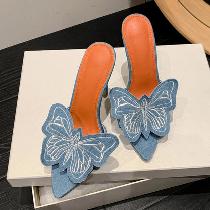 Denim Butterfly Flower Thin Heels Slipper for Women