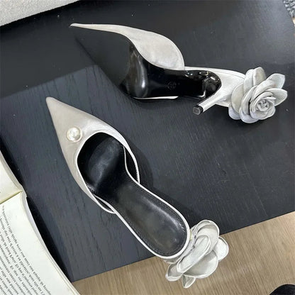 Silk Flower Woman Pumps Shallow Pointed Toe Low Thin Heels Shoes