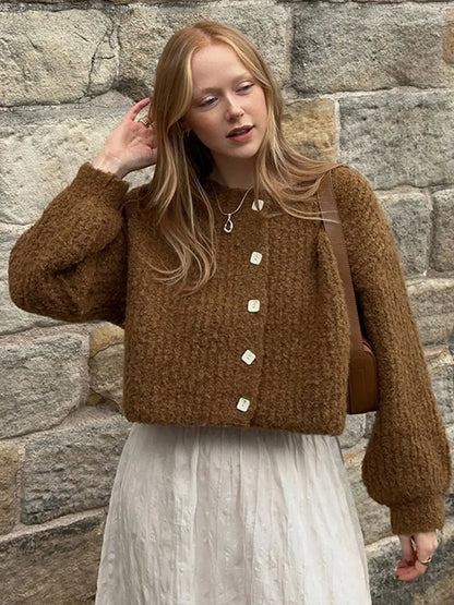 Solid Color Simple Knitted Women's Cardigan Casual Loose Round Neck Single Breasted Sweater Fashion Retro Tops Short Sweaters