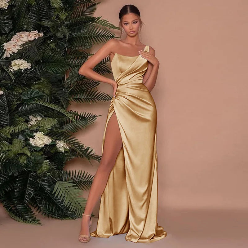 One Shoulder Satin Slit Maxi Dress