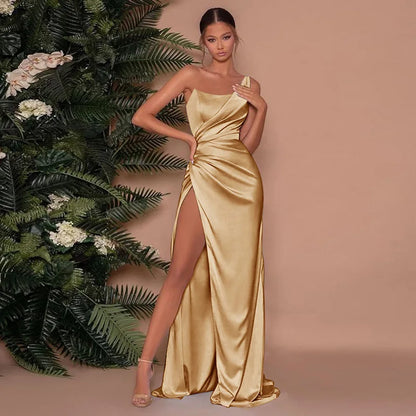 One Shoulder Satin Slit Maxi Dress