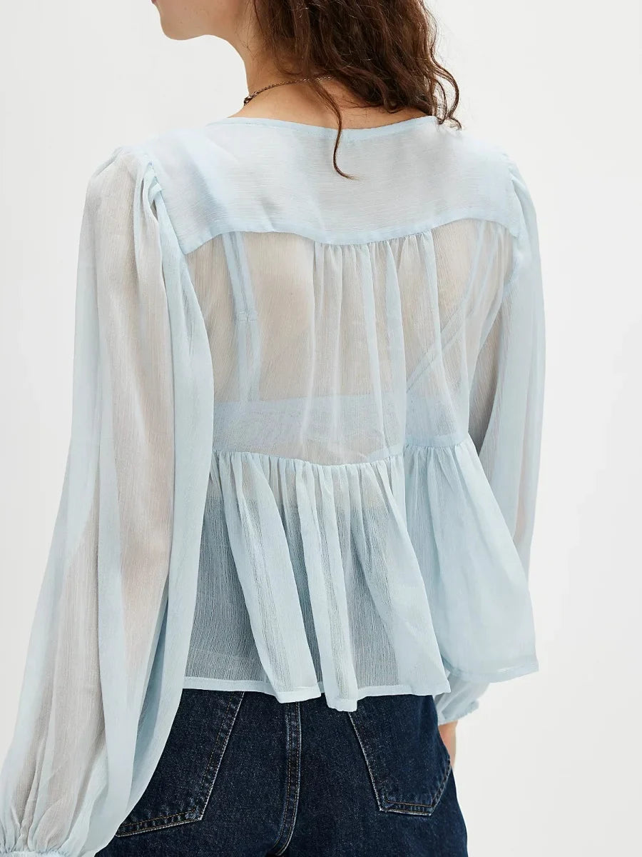 Women Ruffle Lace Chiffon Tie Chiffon Blouse