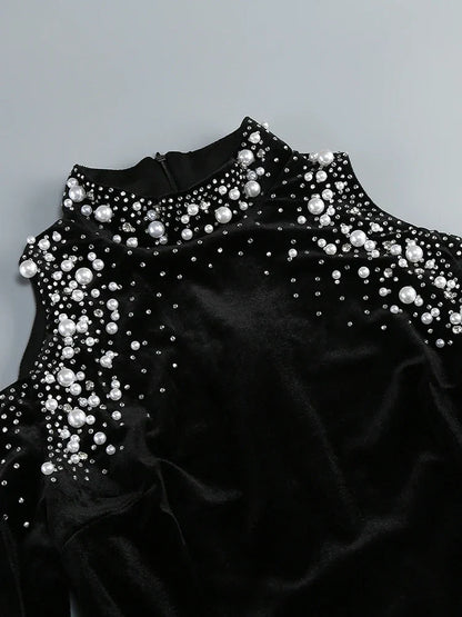 Long Sleeve Black Velvet Pearl Maxi Dress