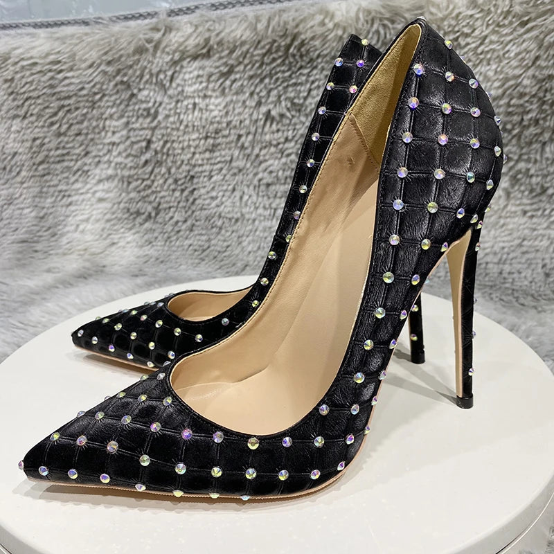 Black Plaid Fabric Pointy Toe High Heel Shoes with Rhinestones for Women