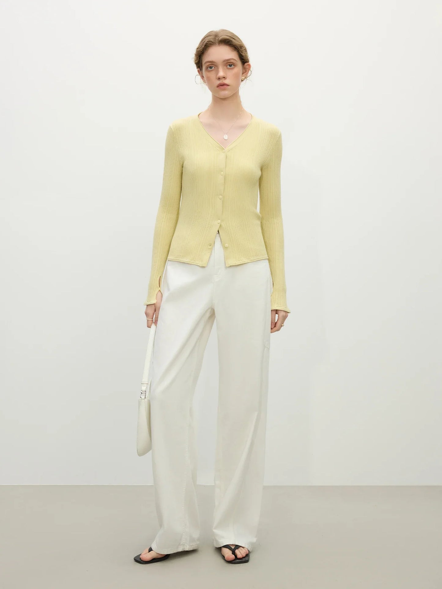 Ribbed V-neck Slit Cuff Knit Cardigan