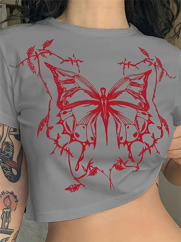 Butterfly Print Fitted Crop Grunge T-shirt