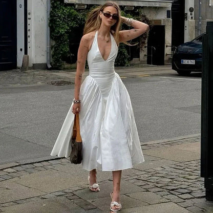 Deep V Neck Halter Pleated Prom Dress