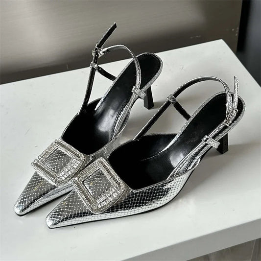 Spring Autumn Women Pumps Designer Pointed Toe Buckle Strap Thin Heels Gold Silver