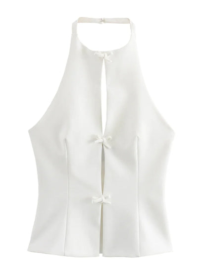 Tee Bow Hollow Out Summer Tank Top For Women Patchwork Slim Fashion Backless Halter Elegant Vest Women's Solid Top Vest