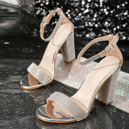 Silver Rhinestone Square High Heels Sandals for Elegant Women