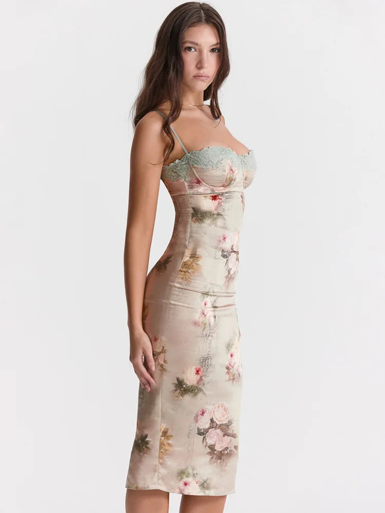 Spaghetti Strap Lace Print Bodycon Vacation Dress