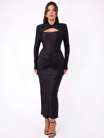 Long Sleeved Pleated Hollowed Out Maxi Dress