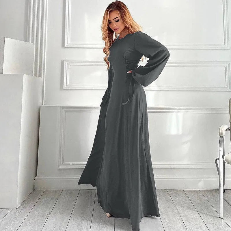 Ribbed Solid Lace-up Long Sleeve Dress