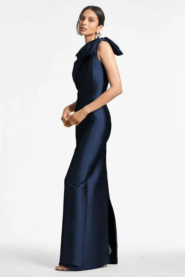 Elegant Long Dark Navy Bow Mermaid Prom Dress