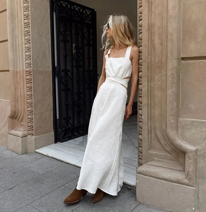 Square Neck Wide Strap Lace Up Waist A-Line Maxi Dress