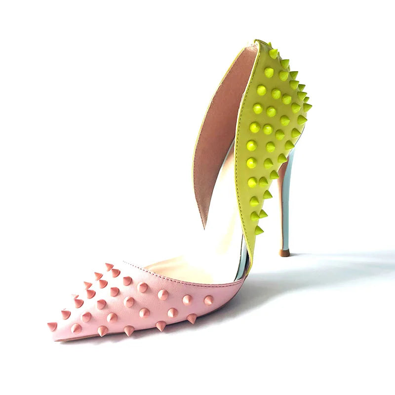 High Heel Shoes with Mixed Colors, Pointed Toe, Rivets, and Studs for Sexy Women