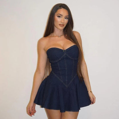 Denim Strapless A Line Mini Dress