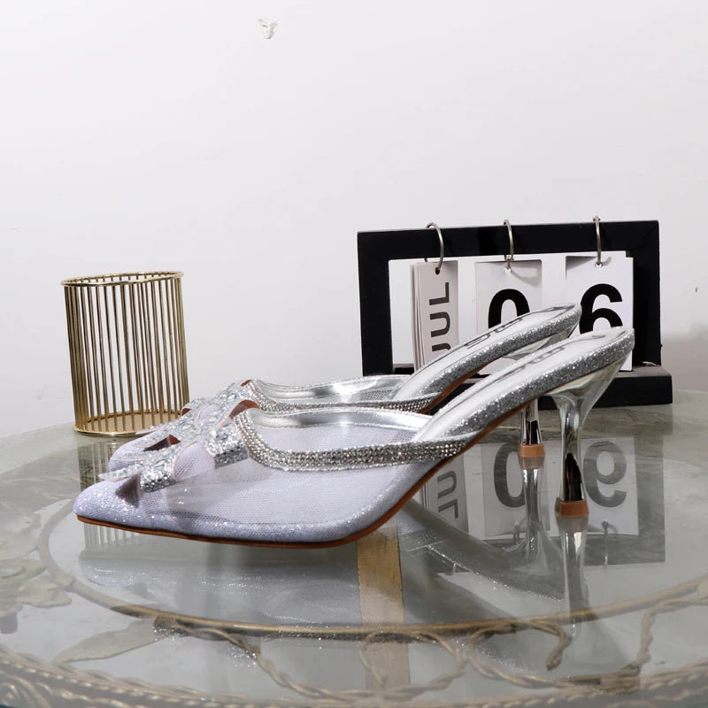 Golden summer pointed shallow bow high heeled sandals