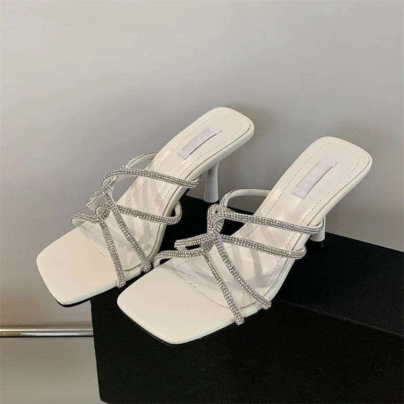 CRYSTAL Narrow Band Women Slipper with Square Toe and Thin Low Heels