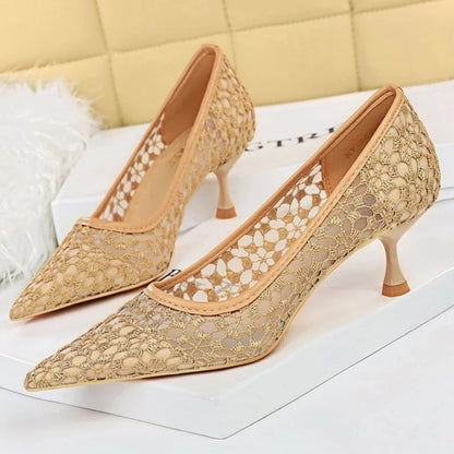 Lace Mesh Cutout Kitten Heel Pumps for Women - Sexy Banquet Shoes