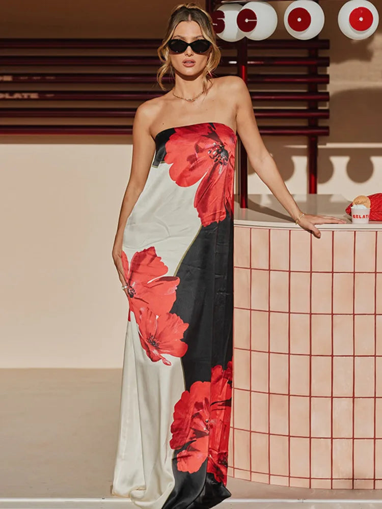 Strapless Floral Print Off-shoulder A-Line Vacation Dress