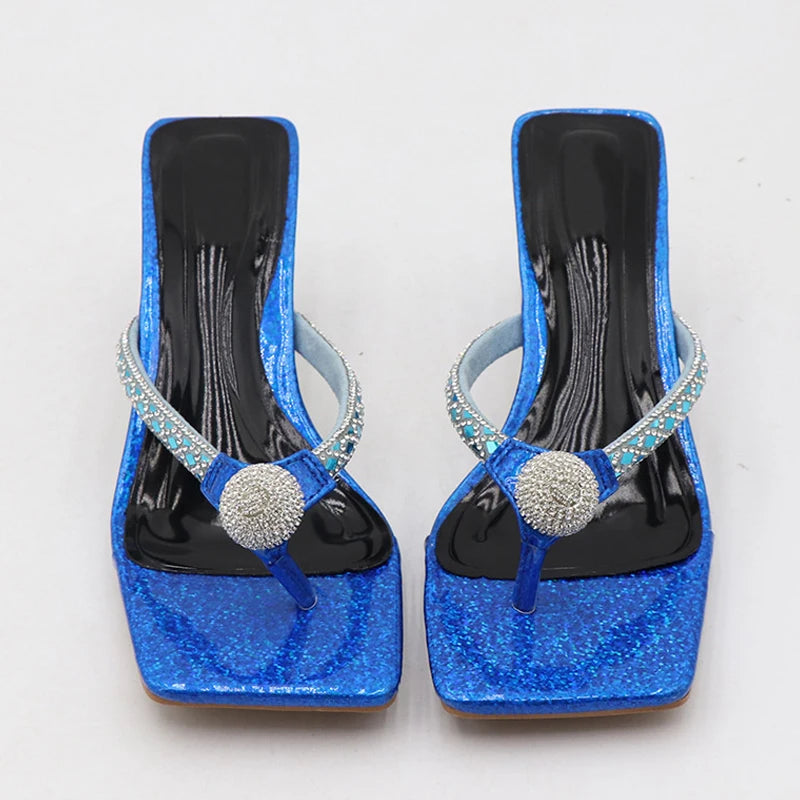 Glitter Rhinestones Transparent Low Heels Slippers Crystal Strap Sandals for Women
