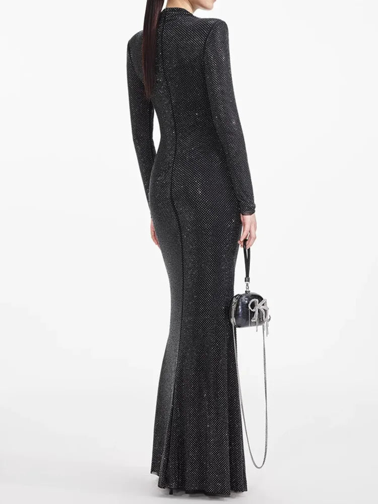 Pleated Diamond Asymmetrical Long Dress