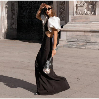 Patchwork Puff Sleeve Hollow Out Long Dress