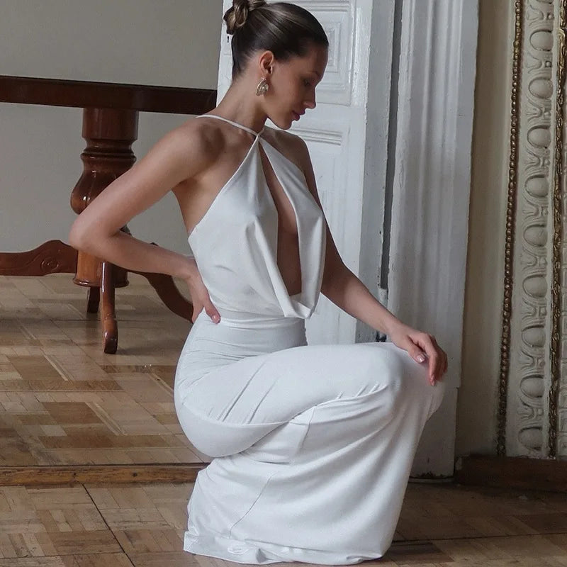 Hollow Halter Draped Backless Prom Dress
