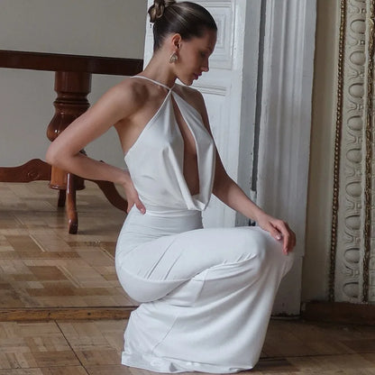 Hollow Halter Draped Backless Prom Dress