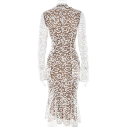 Lace White Long Sleeve Turtleneck Dress