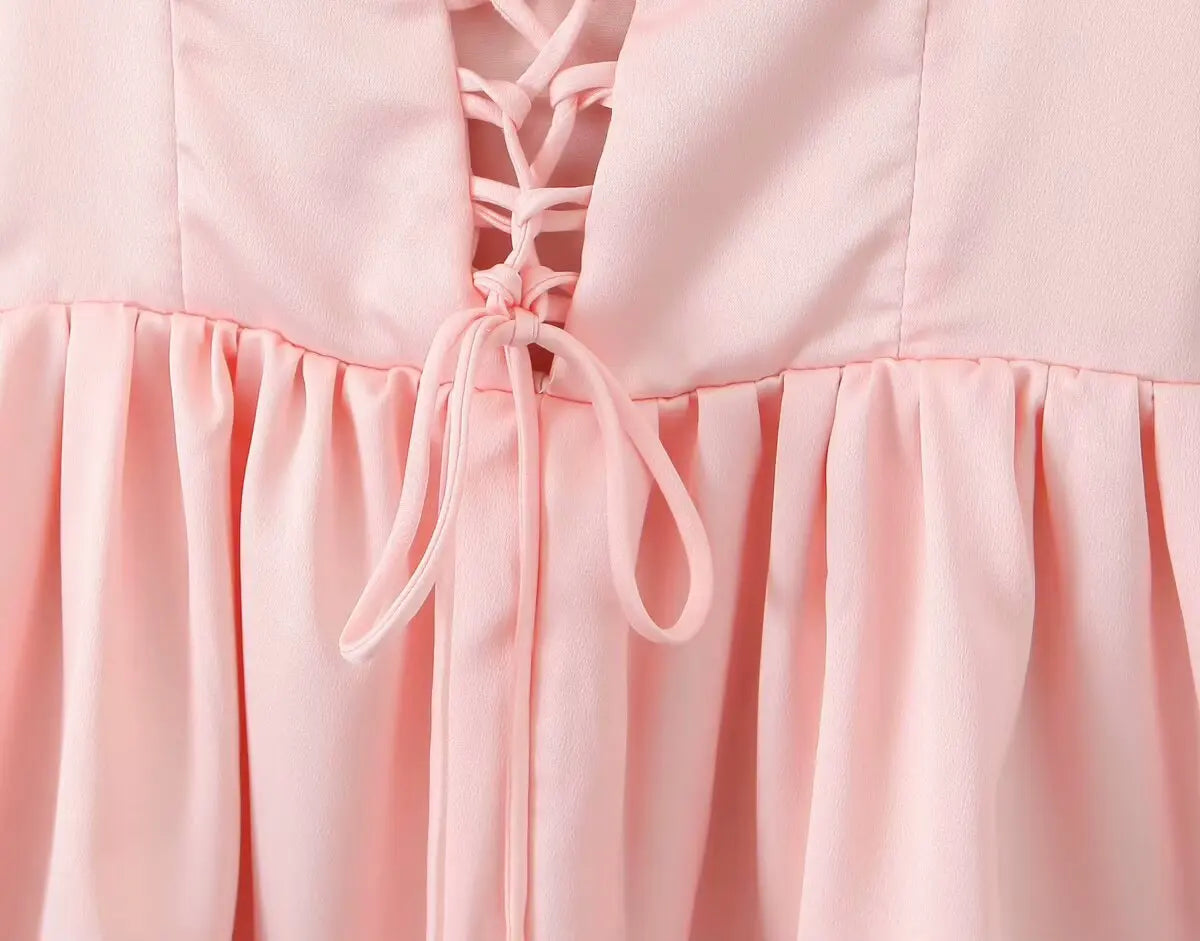 Tie Shoulder Lace Up Back Pleated Skater Mini Dress