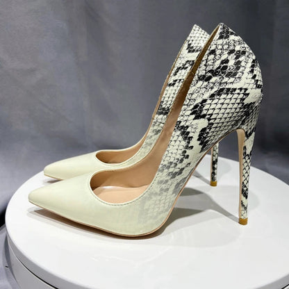 White Snakeskin Pointy Toe High Heel Stiletto Pumps for Women