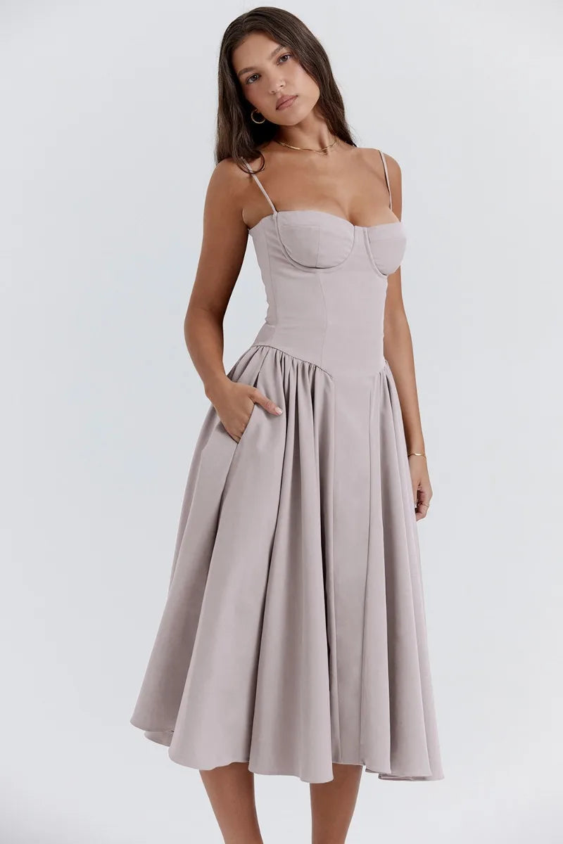 Corset Bustier Spaghetti Strap Basque Waist Pleated Midi Dress