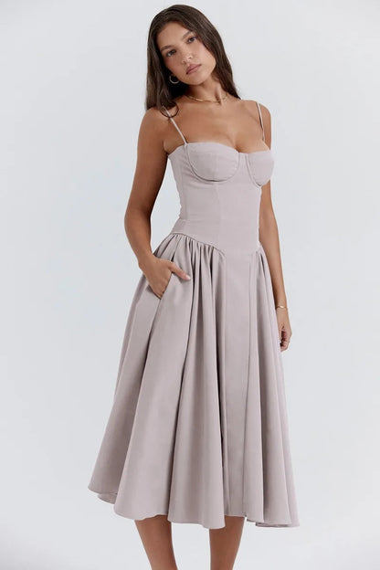 Corset Bustier Spaghetti Strap Basque Waist Pleated Midi Dress