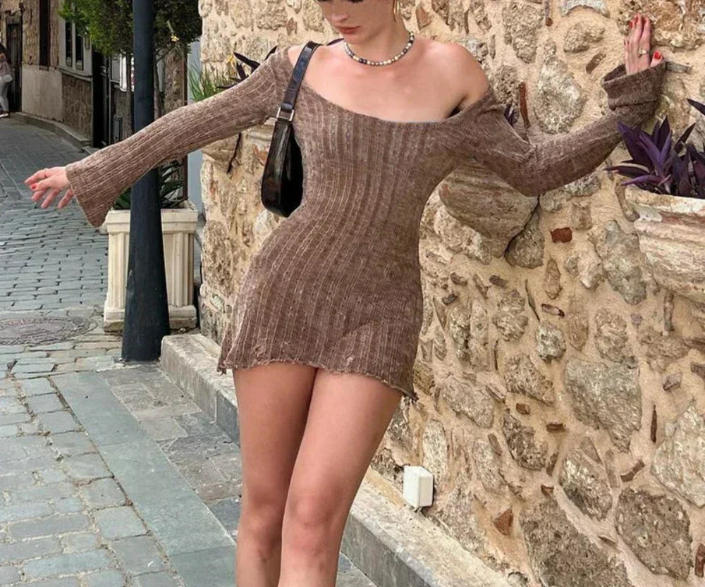 Off-Shoulder Ribbed Knit Bell Sleeve Bodycon Mini Dress
