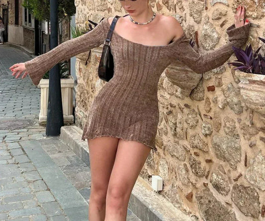 Off-Shoulder Ribbed Knit Bell Sleeve Bodycon Mini Dress
