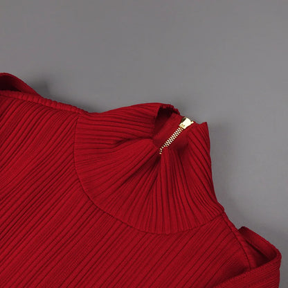 Red Bandage Turtle Neck Cross Design Long Dress