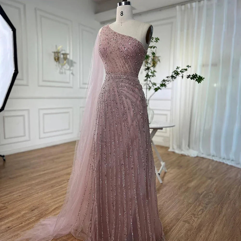One-Shoulder Cape Sleeve Beaded Evening Dresses