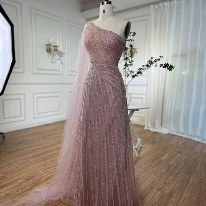 One-Shoulder Cape Sleeve Beaded Evening Dresses