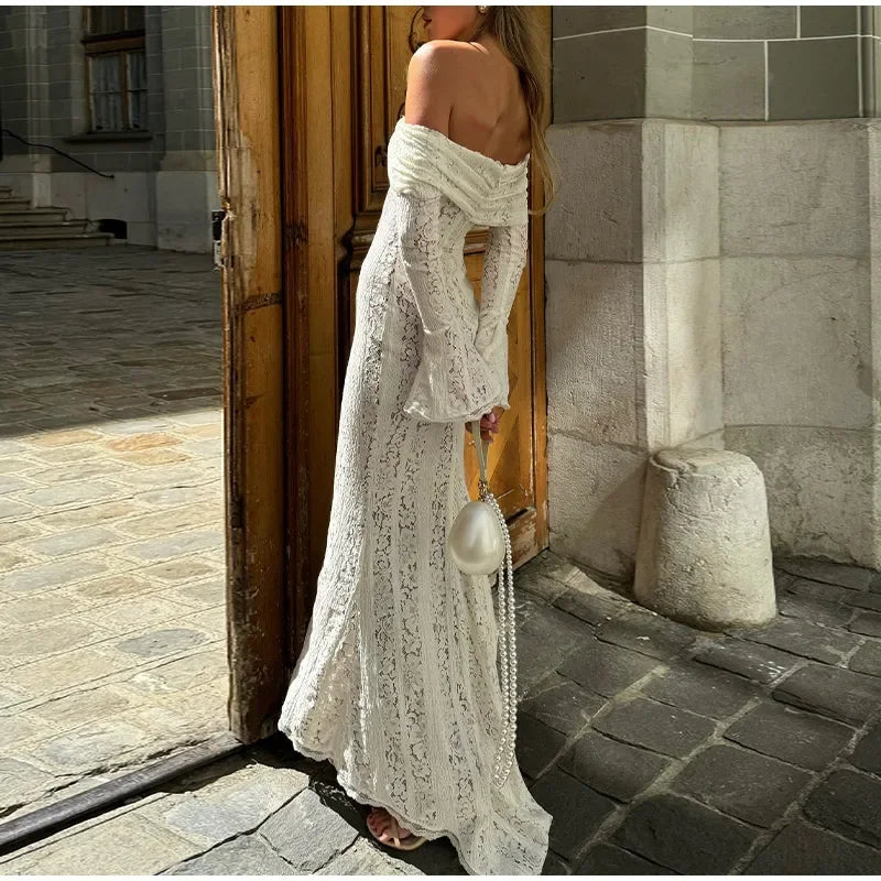 Off Shoulder Floral Lace Bell Sleeve Tie Front Sheer Maxi Dress