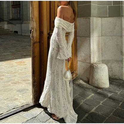 Off Shoulder Floral Lace Bell Sleeve Tie Front Sheer Maxi Dress