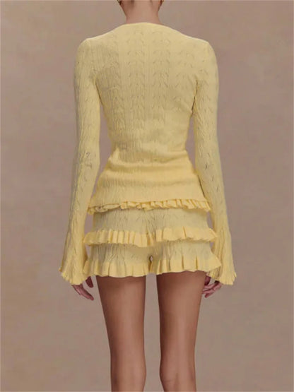 Ruffled Knit Sweater Shorts Two Piece Set