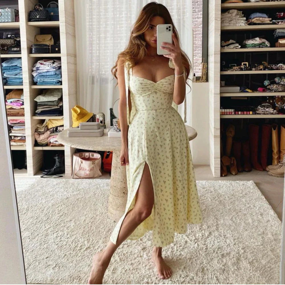 Ditsy Floral Sweetheart Bow Strap Ruched Bodice High Slit Midi Dress