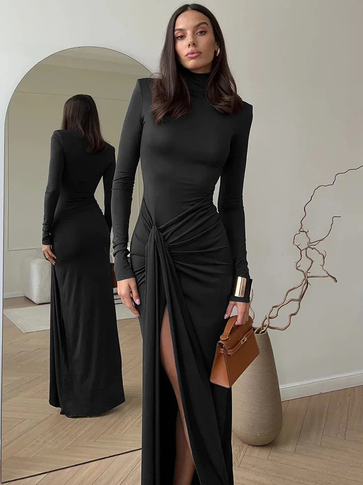 Turtleneck Draped Sleeve Split Bodycon Dress