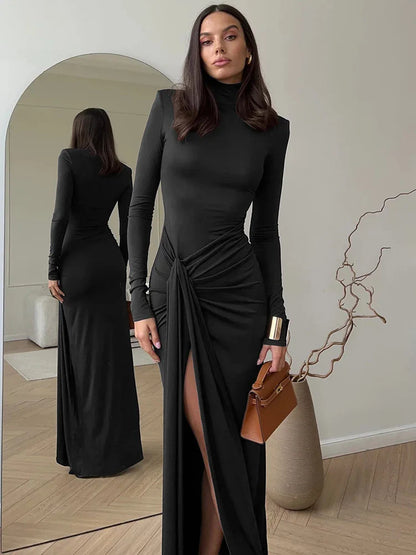 Turtleneck Draped Sleeve Split Bodycon Dress