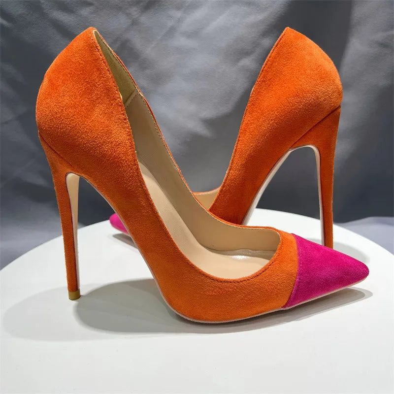 Orange Purple Patchwork Women Flock Pointy Toe High Heel Shoes