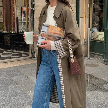 Woman Casual Long Trench Coats Khaki Plaid Lined Lapel Single Breasted Jacket With Pocket 2024 Autumn Chic Lady Commute Outwear