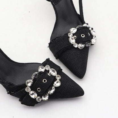 High-heeled denim sandals with rhinestone square buckle for autumn