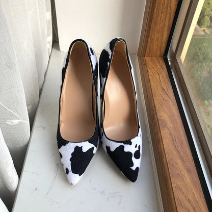 Cow Print Women White Hairy Flock Pointy Toe High Heel Shoes - Cow Print High Heel Shoes